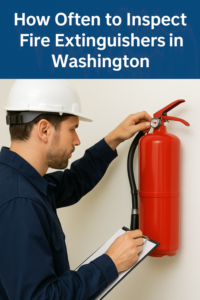 Technician inspecting fire extinguisher in Washington